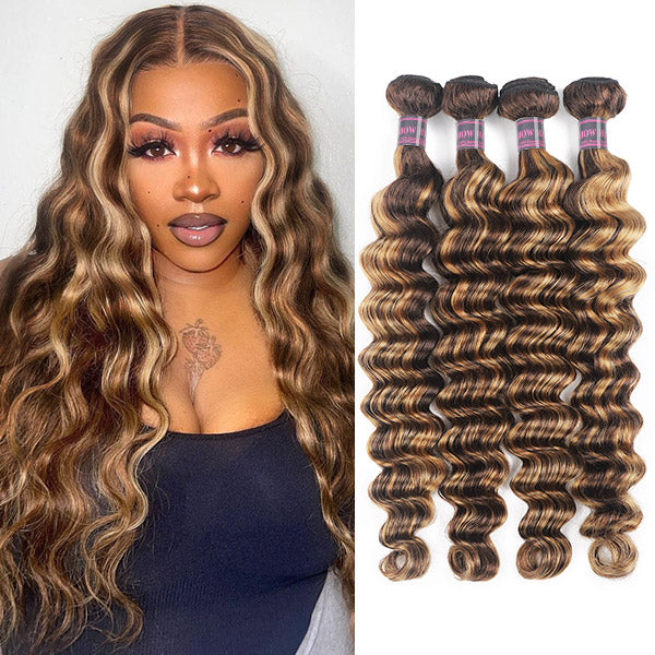 Four bundles of Ishow Beauty P4/27 honey blonde Brazilian loose deep wave human hair with dark roots and highlighted waves.