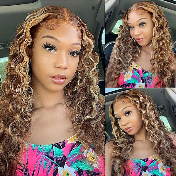 Model Showcasing Ishow P4/27 Honey Blonde Loose Deep Wave Hair Bundles