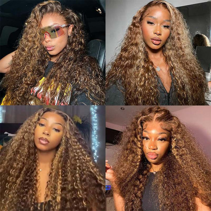 Woman wearing Ishow Honey Blonde Deep Wave Wig with HD Lace, middle part, 100% human hair