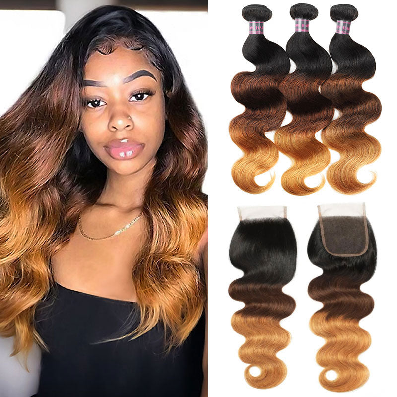 Three bundles of Ishow Ombre Color Body Wave 100% Human Hair with T1B/4/27 color gradient from black to brown and blonde, featuring a body wave texture.