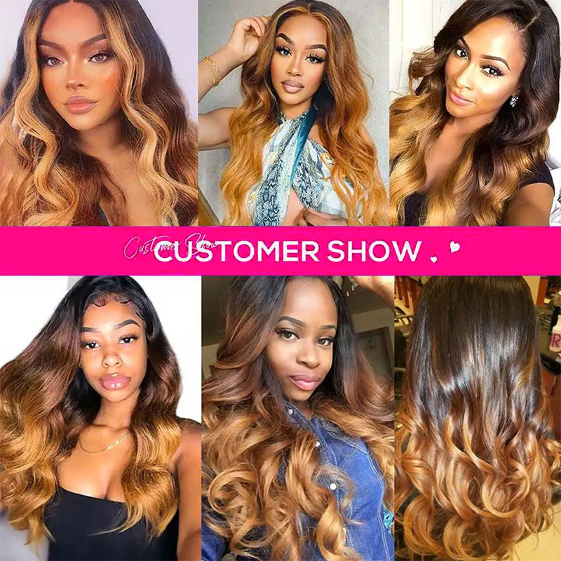 Customers Wearing T1B/4/27 Ombre Body Wave Hair Bundles, Showcasing Different Looks