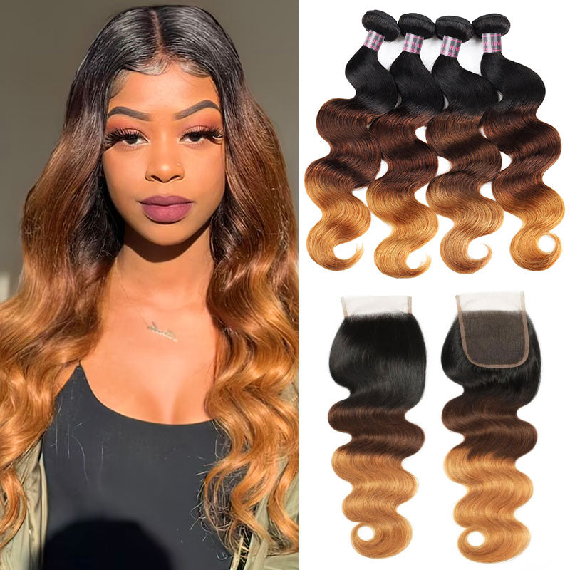 Ishow Brazilian Hair Body Wave bundles in 3 tone ombre T1B/4/27 color, transitioning from dark black to brown to blonde.