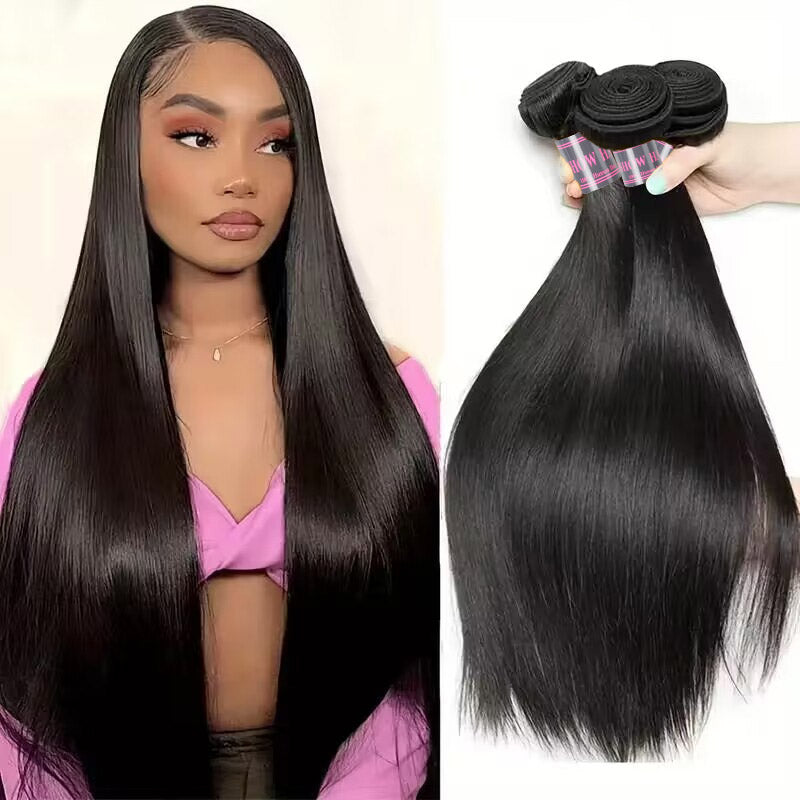 Woman with long straight natural black hair alongside three bundles of Malaysian Remy Straight Human Hair Weave, showcasing smooth texture and shine, suitable for natural-looking hair extensions.