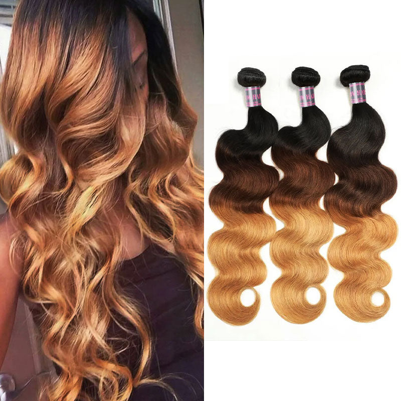 Four Ishow T1B/4/27 Ombre Brazilian Body Wave Hair bundles in black to golden blonde ombre with text highlighting features including 100% human hair, no split ends, and styling options.
