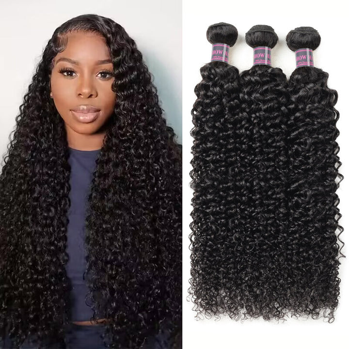Woman showcasing long, kinky curly hairstyle next to three bundles of kinky curly Brazilian hair extensions from Ishow Beauty, natural black color.