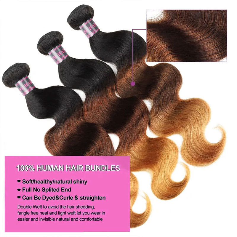 Ombre Body Wave Hair Bundles, 100% Human Hair, Soft and Shiny, No Split Ends