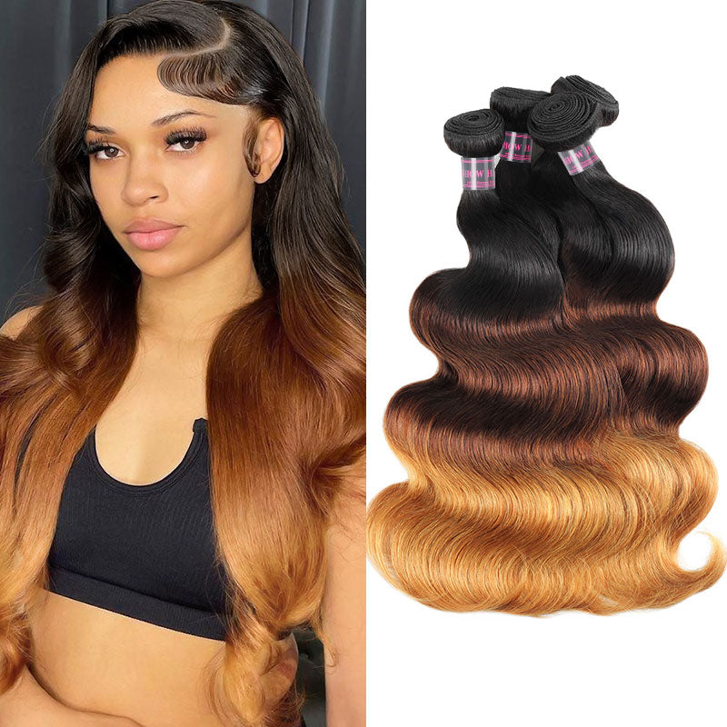 Four bundles of Ishow Brazilian Hair T1B/4/27 ombre color in body wave texture, high-quality human virgin hair