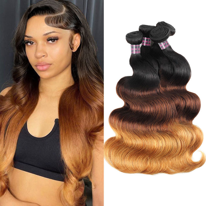 Four bundles of Ishow Brazilian Hair T1B/4/27 ombre color in body wave texture, high-quality human virgin hair