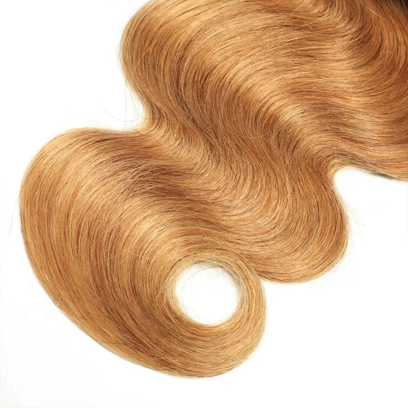 Soft Body Wave Hair Texture in T1B/4/27 Ombre Color, Showcasing Smooth Flow