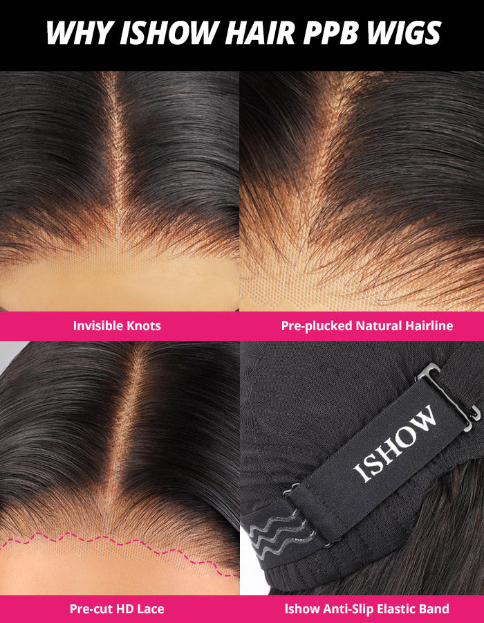 Features of Ishow Hair PPB Wigs: Invisible Knots, Pre-Plucked Hairline, HD Lace, Anti-Slip Band