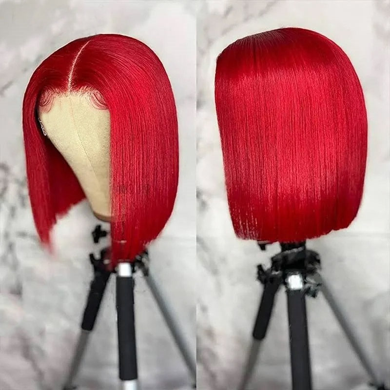 Red Blunt Cut Bob Wig On a Stand Showcasing Smooth Texture and Sleek Design