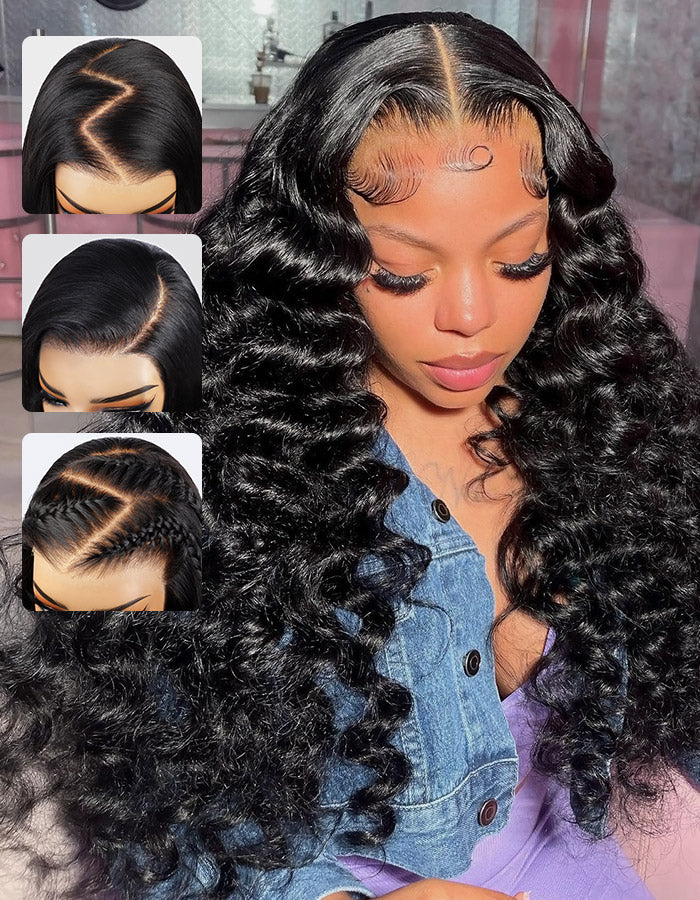 Woman with Ishow PPB™ Invisible Knots 7x6 HD Lace Closure Wig in loose deep wave pattern, demonstrating its voluminous and shiny texture.
