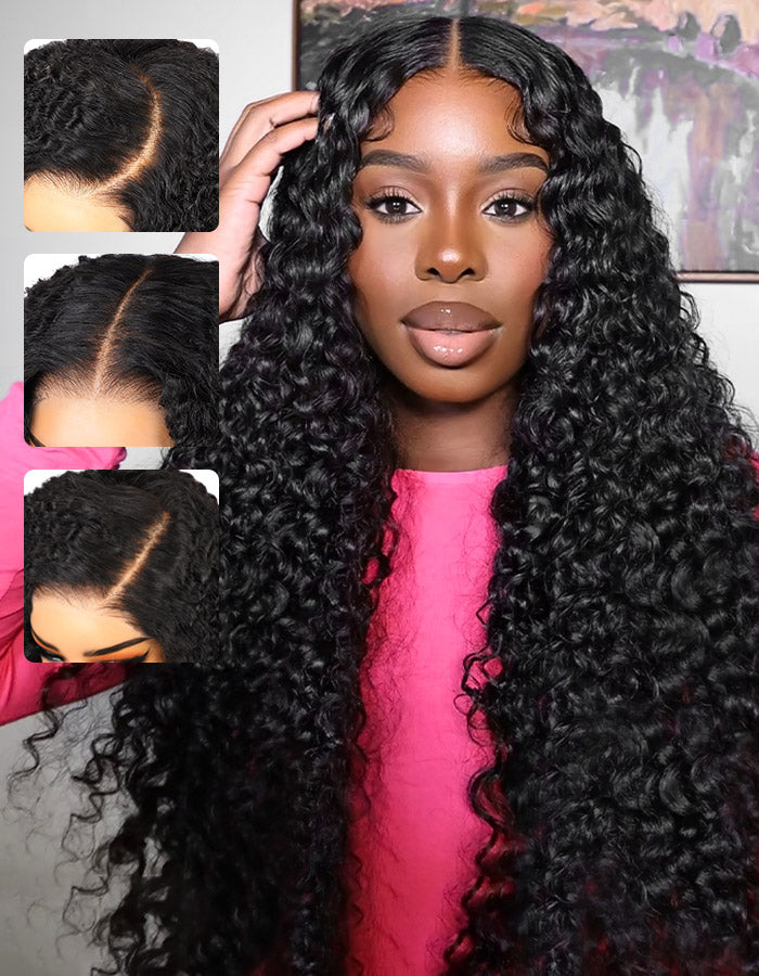 Woman showcasing Ishow HD Lace Closure Ready To Go Water Wave Wig with long, curly hair in natural black, middle parting style.