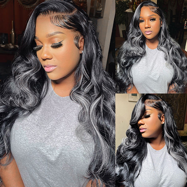 Model Wearing Gray Body Wave Lace Front Wig With Highlights
