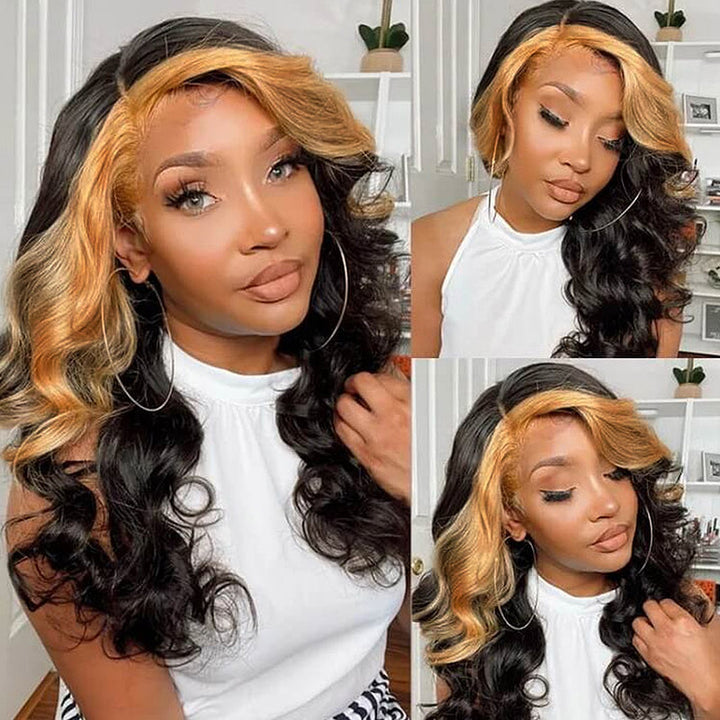 Curly Black and Blonde Highlighted Wig On a Model in a White Top