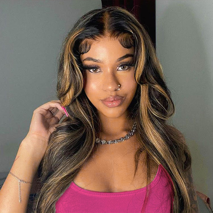 Ishow 13x4 Lace Front Balayage Highlights Human Hair Wigs Ready To Wear Wigs With Invisible Drawstring Loose Body Curtain Bangs Wig