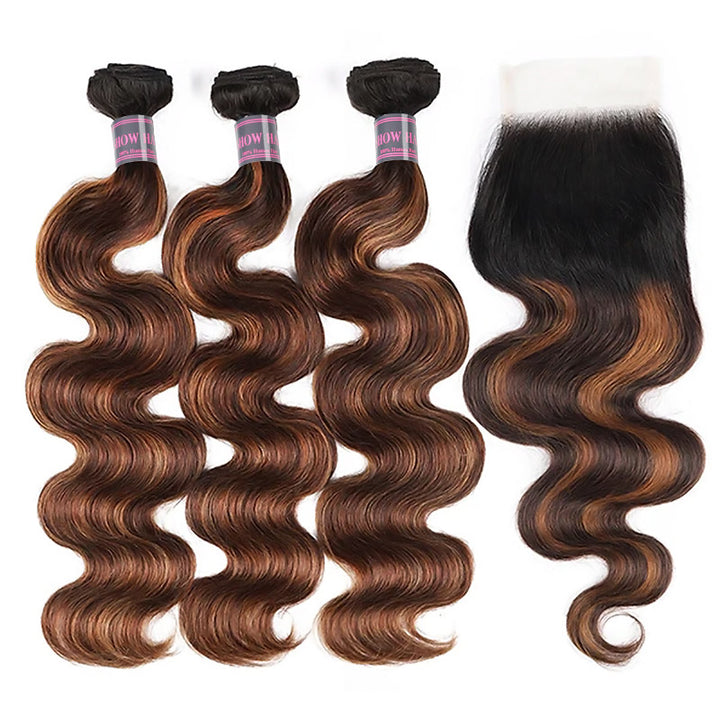 Three T1B 4/30 Balayage Body Wave Hair Bundles With Lace Closure