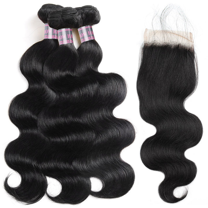 Wavy Jet Black Human Hair Bundles With 4X4 Lace Closure for Seamless Styling
