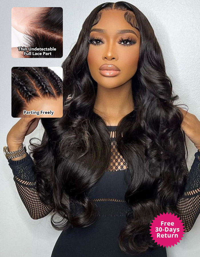 Woman wearing body wave full lace human hair wig in natural black, styled with a bun and loose waves, featuring pre-plucked baby hair and adjustable straps.