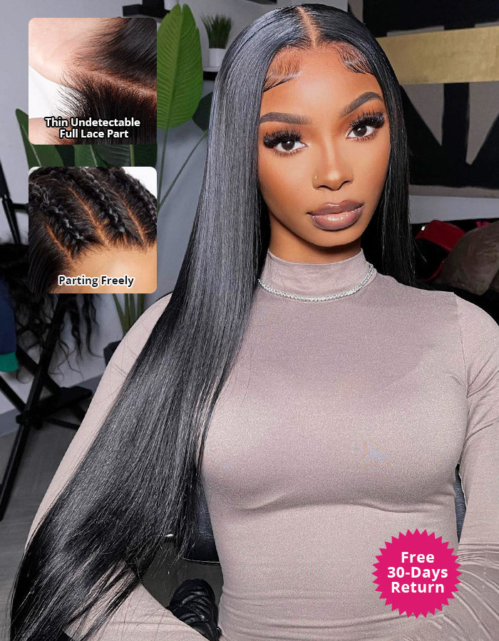 Woman wearing a long, straight black Full Lace Wig from Ishow Hair with pre-plucked natural hairline, seated in a modern salon.