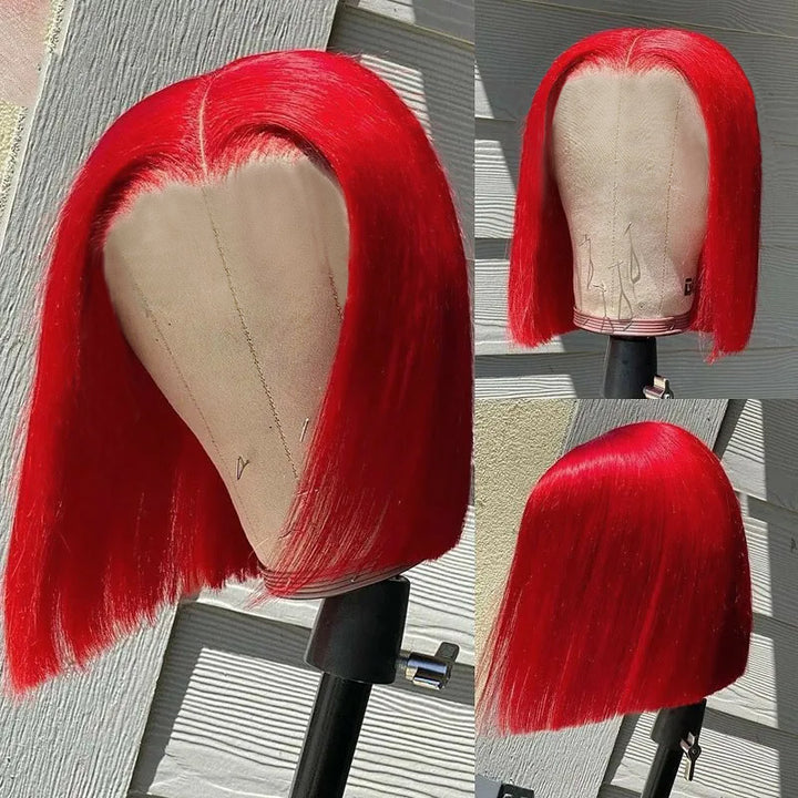 Vibrant Red Blunt Cut Bob Wig On a Stand, Highlighting Its Smooth Texture and Style