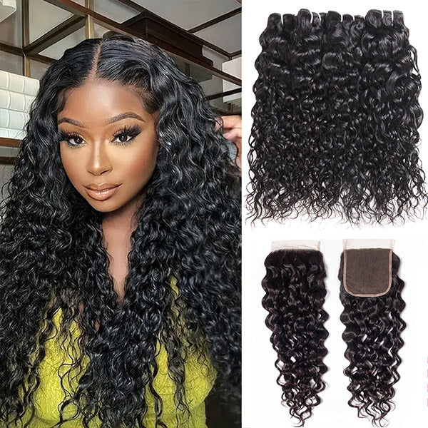 Model With Water Wave Hair and 5X5 Lace Closure, Showcasing Bundles of Hair