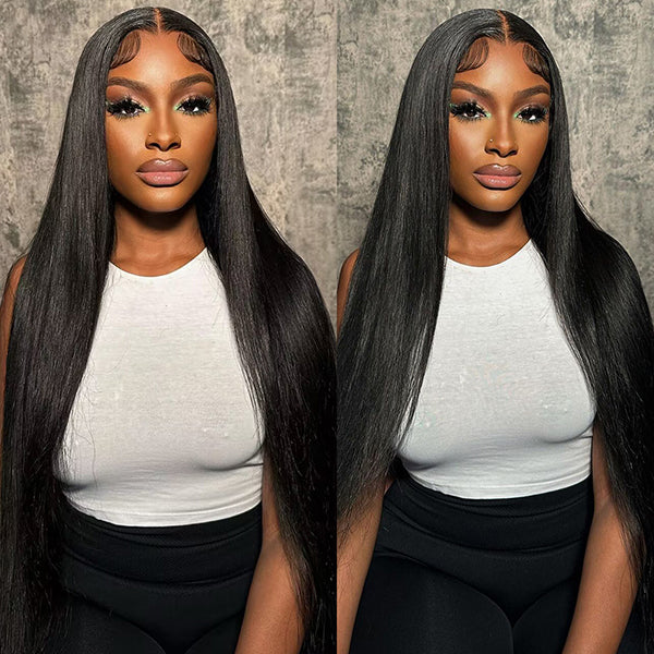 Model Wearing Ishow Straight Hair Wig, Showcasing Natural Black Color and Sleek Texture