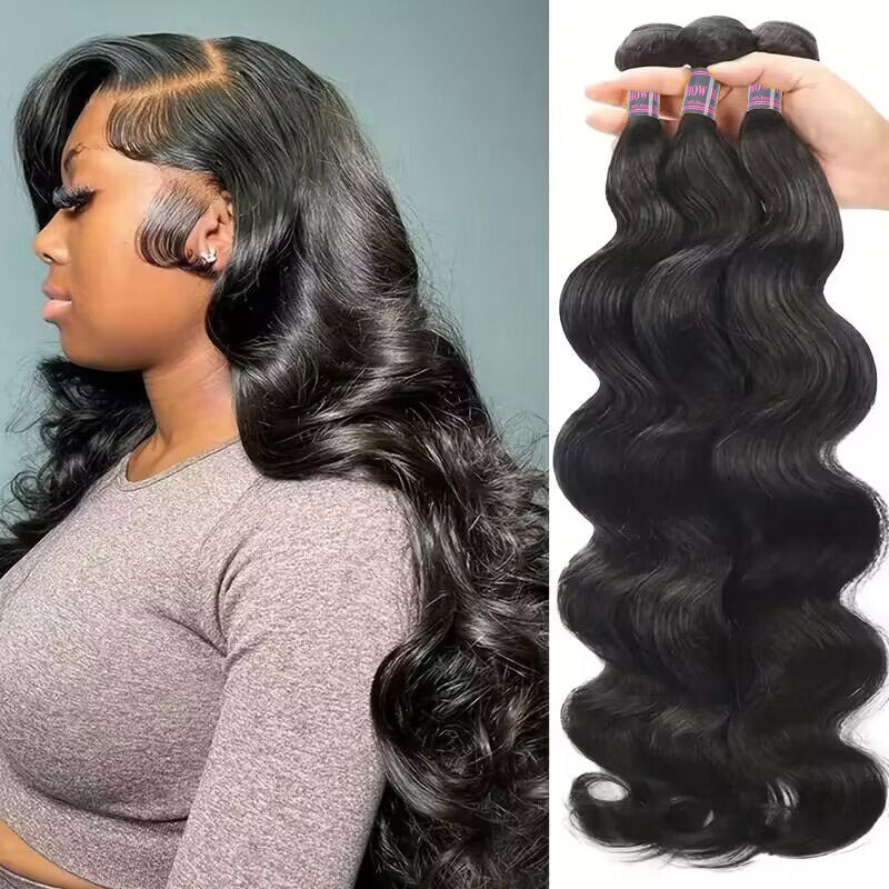 Model Displaying Long Body Wave Human Hair and Three Bundles of Black Hair Weave
