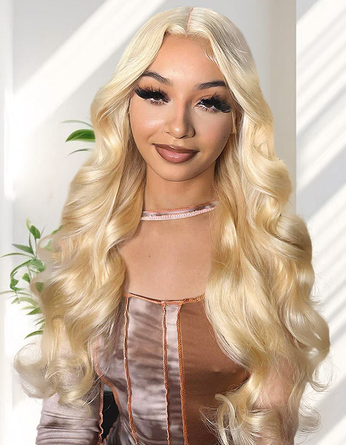 Model With Long Blonde Body Wave Wig and Glamorous Look