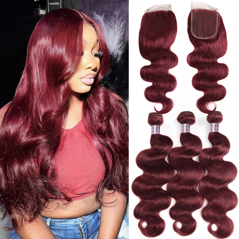 Woman with long wavy burgundy hair wearing a black top. Next to her are three bundles of wavy burgundy hair and a lace closure piece on display. Burgundy bundles with closure, Brazilian human hair weave, 99J color.