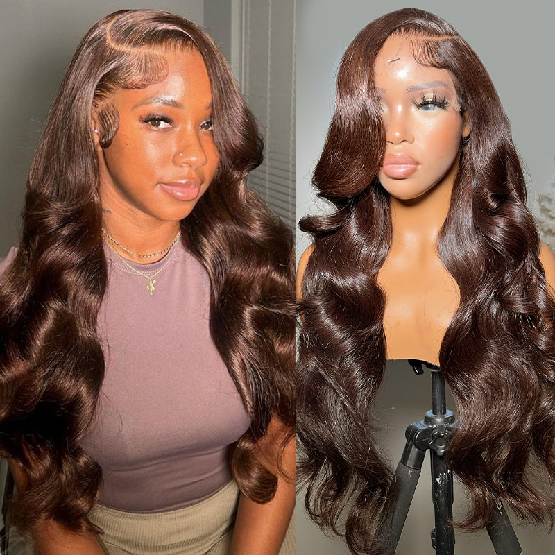 Dark brown body wave lace front wig styled with a side part and baby hairs, shown on a person and a mannequin. Human hair wig for natural look and secure installation.