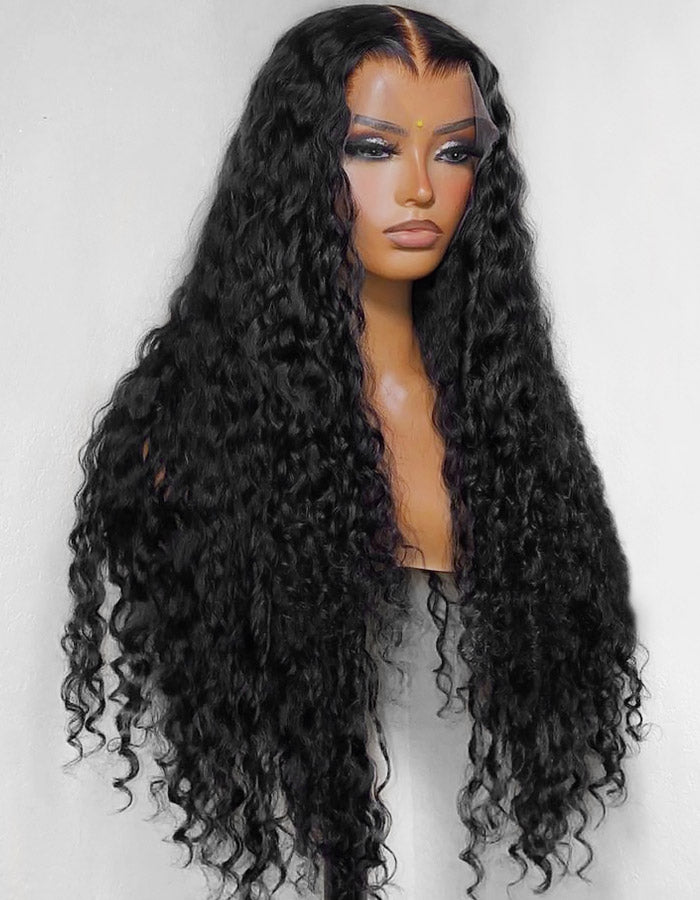 Long Water Wave Full Lace Wig Displayed On a Mannequin With Natural Hairline