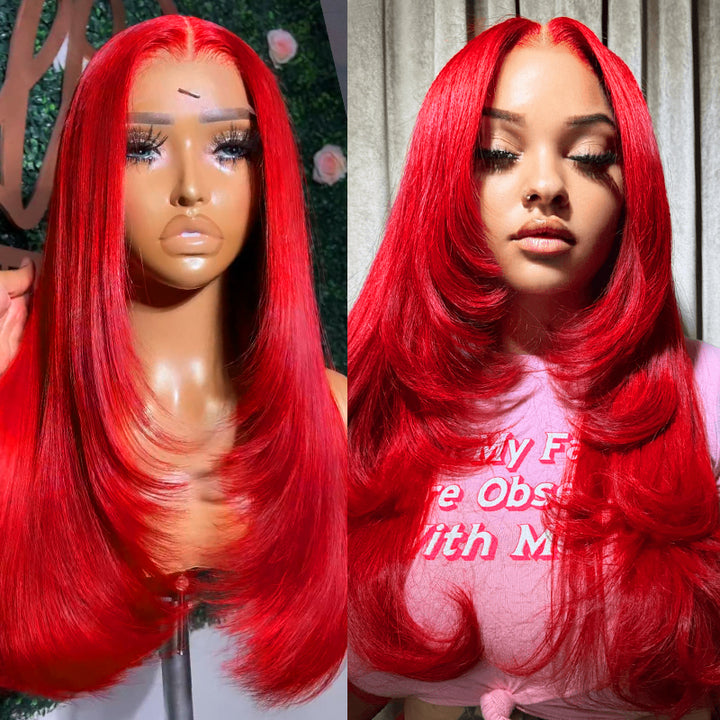 Ishow Red Color Layered Cut Wig Straight/Body Wave 5x5 Lace Glueless Wig 13x4 Lace Front Pre-Everything Human Hair Wigs