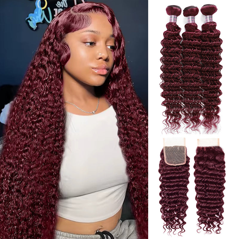 99J Burgundy Deep Wave Human Hair Bundles and Closure
