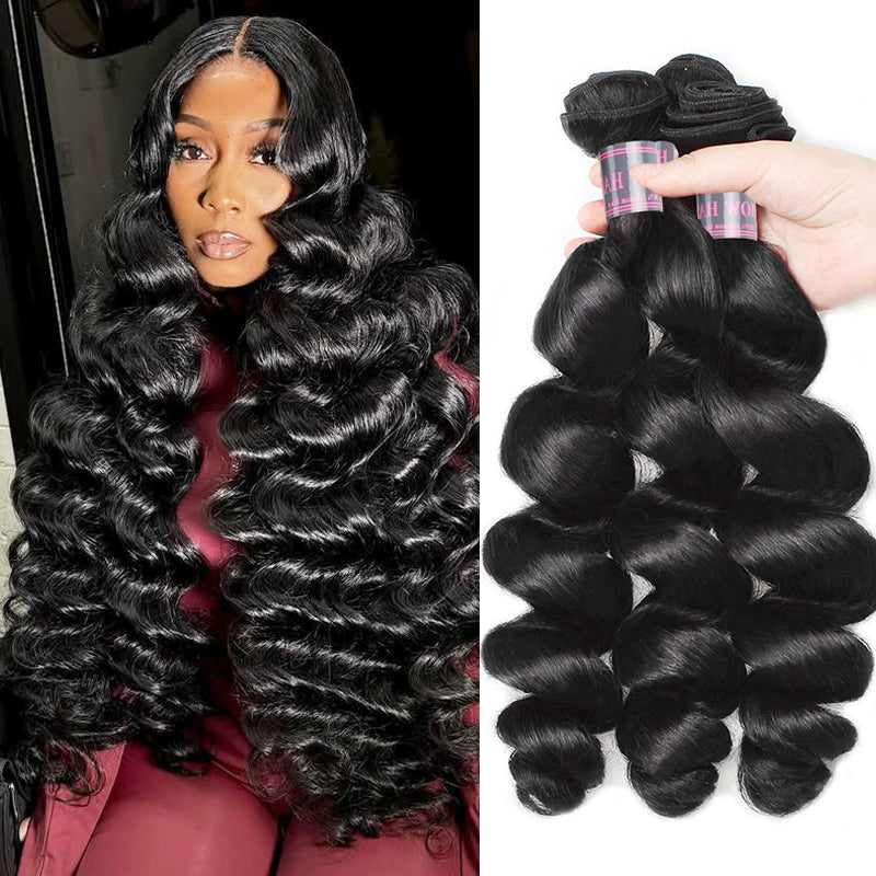 Model Showcasing Ishow Loose Wave Hair Bundles in Natural Black Color