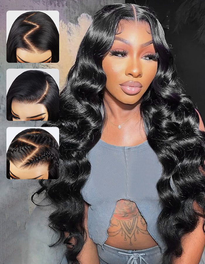 Woman wearing Ishow Hair 28 inch 250% density loose body wave wig in natural black color, showcasing long and voluminous waves indoors.