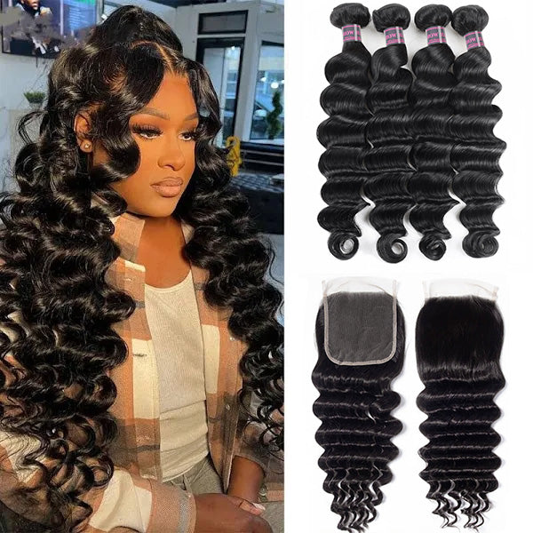 Woman with long loose deep wave hairstyle, featuring Ishow Hair Brazilian Virgin Human Hair bundles with a 5x5 lace closure in a well-lit indoor setting.