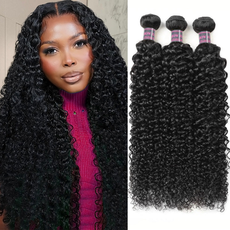 Woman showcasing long, kinky curly hairstyle next to three bundles of kinky curly Brazilian hair extensions from Ishow Beauty, natural black color.