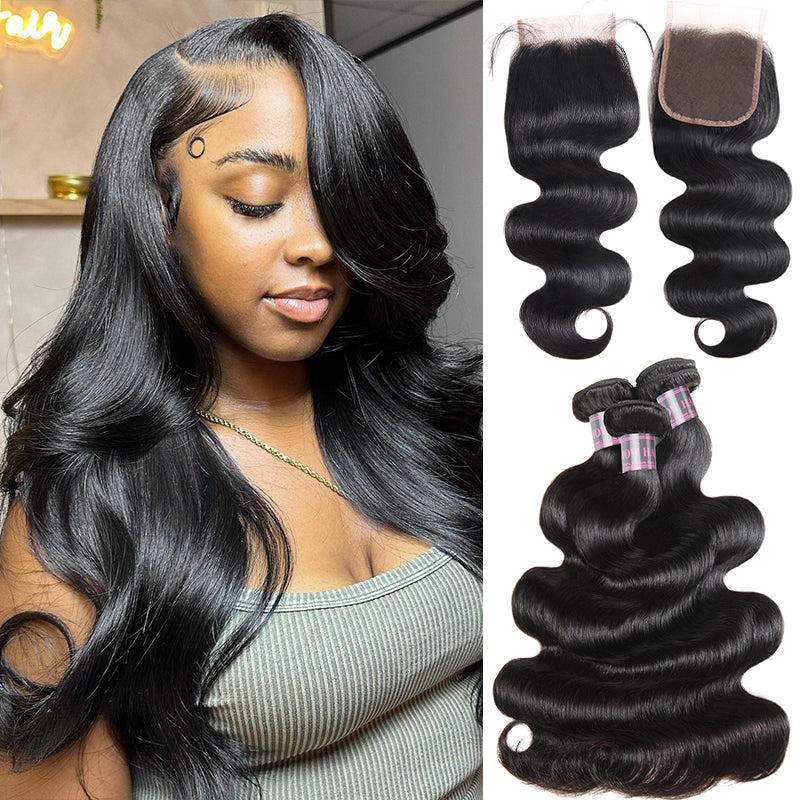 Woman showcasing long, voluminous, wavy black hair styled with body wave texture.