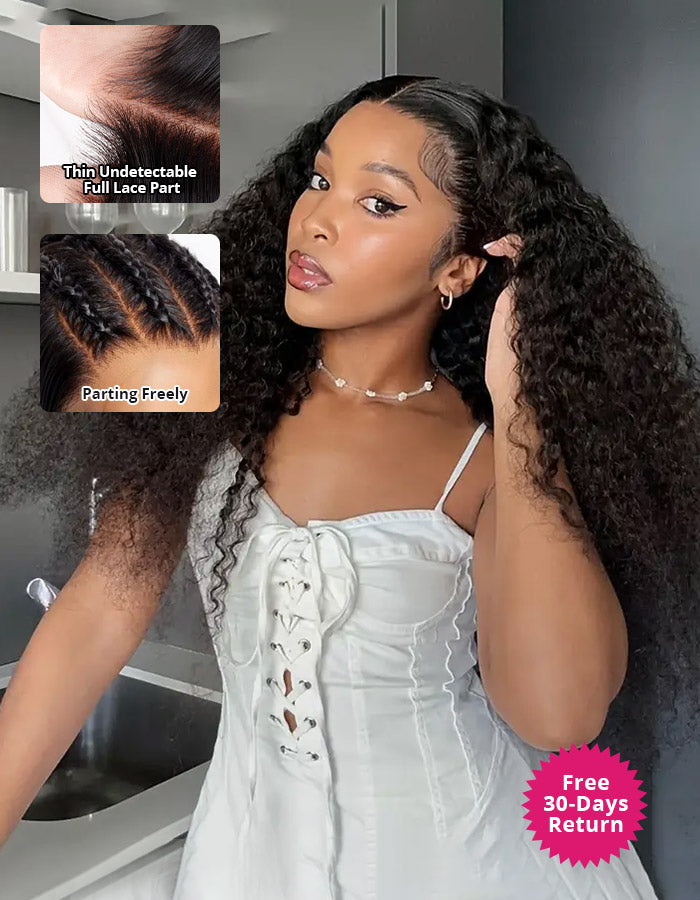 Curly full lace wig on mannequin head displaying natural black color, pre-plucked hairline, and full lace parting.