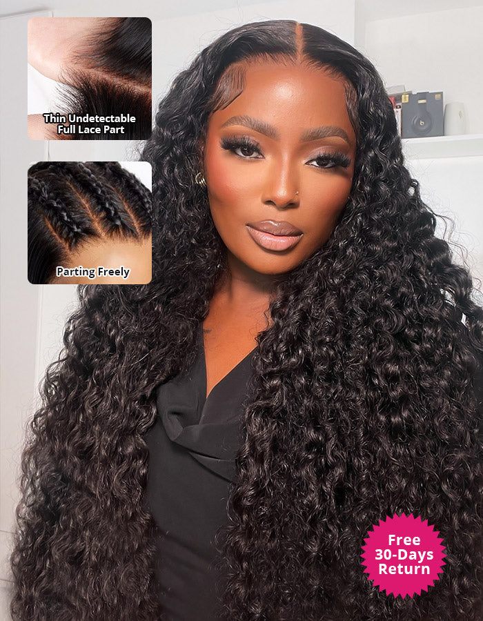 Full lace deep wave wig in natural black on a mannequin head, featuring pre-plucked hairline and defined center parting, showcasing realistic texture and lace quality