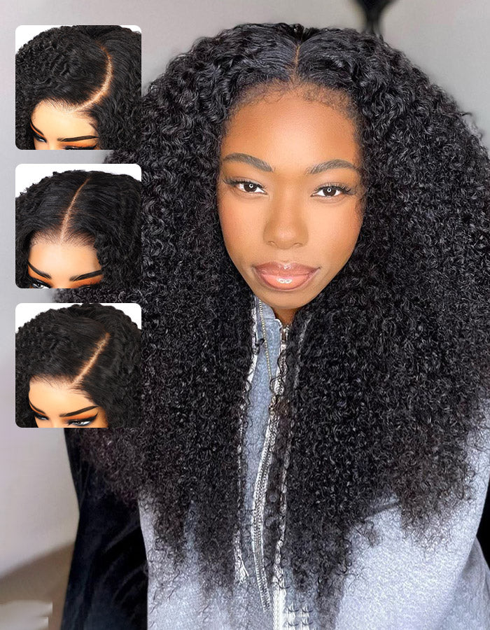 Woman smiling, wearing Ishow PPB™ Ready To Wear Kinky Curly C Part Invisible Knots Pre-Cut HD Lace Glueless Wig with voluminous kinky curly hair. Inset images highlight pre-plucked hairline and C part design.