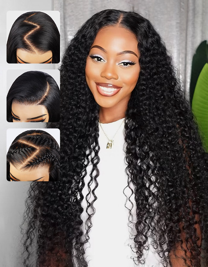 Woman showcasing Ishow Kinky Curly natural black wig with long and defined curls, wearing a tube top with purple text 'Femme' and 'Forte'.