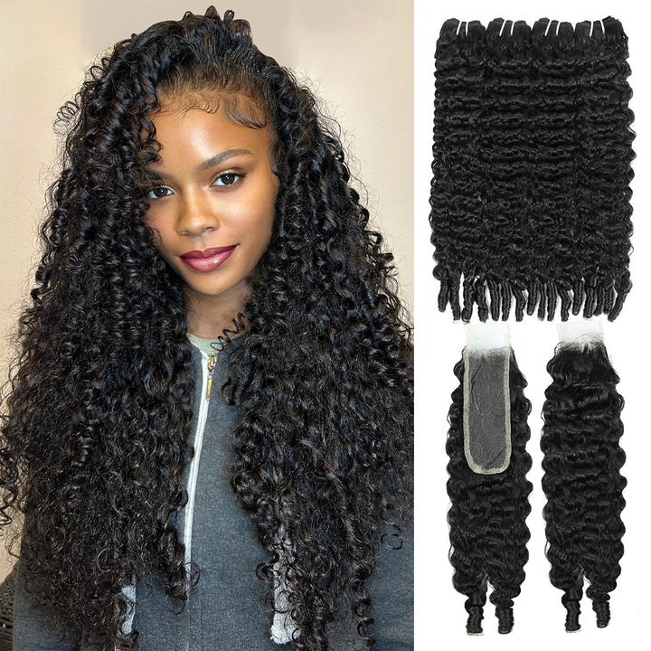 Woman wearing 4 pieces burmese curly hair bundles with deep part lace closure
