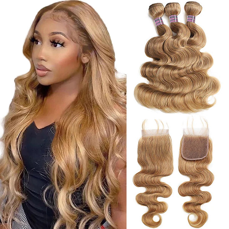 Body Wave Honey Blonde Hair Bundles 3 Bundles With Closure 27# Hair Color