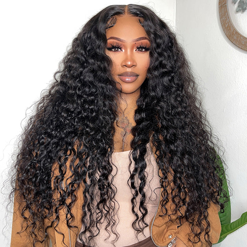 Woman with long, loose deep wave glueless human hair wig from Ishow Beauty. Three smaller images show wearing straight out of the box, installation in 5 seconds, and ease for beginners.