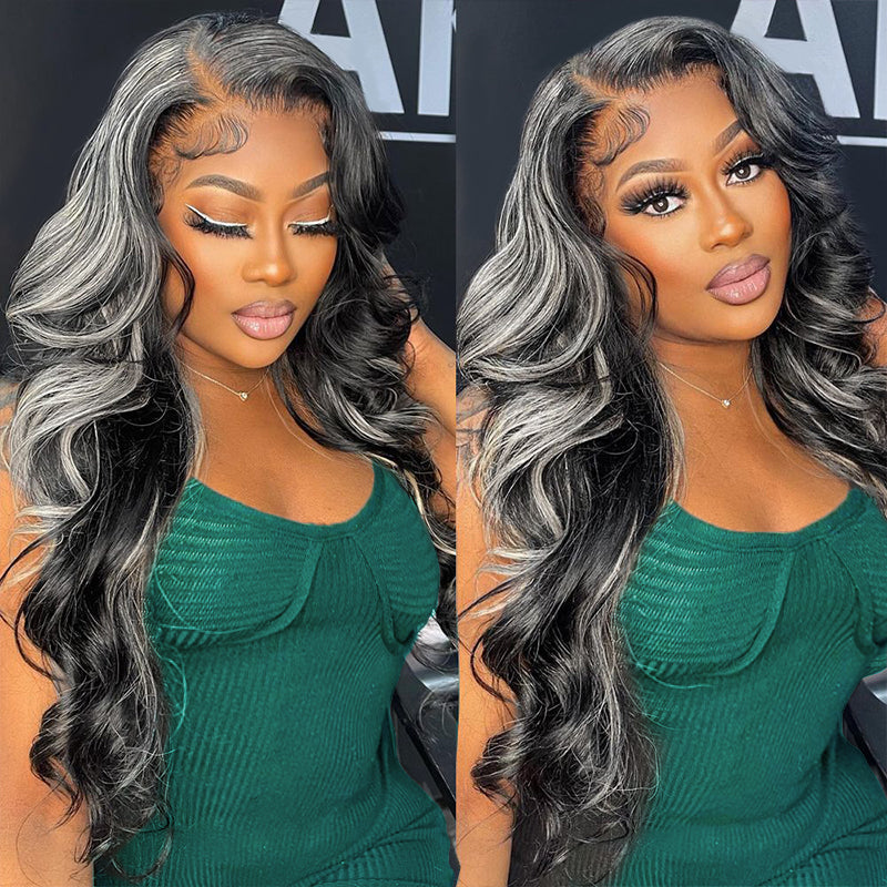 Grey Highlights Body Wave Human Hair Lace Front Wigs 30Inch Transparent 13x4 Lace Front Wig
