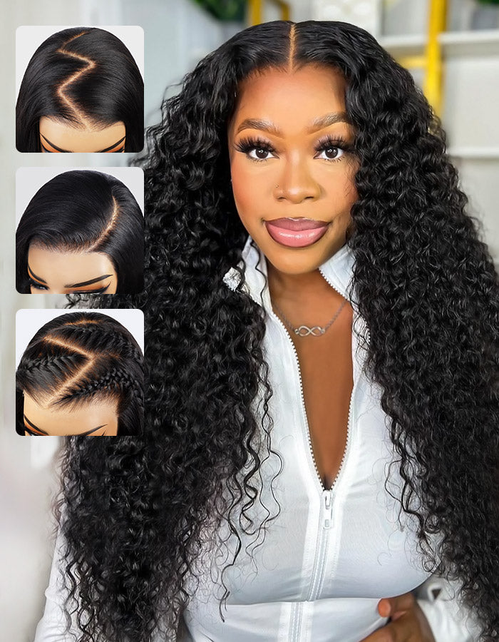Woman showcasing Ishow deep wave 100% human hair wig with 7x6 HD lace closure for a voluminous and natural look.