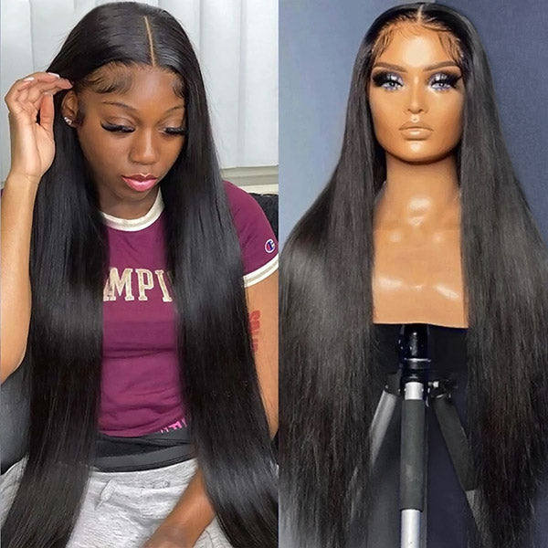 Mannequin with straight human hair wig displaying pre-cut HD lace, middle part, and real Swiss HD lace suitable for all skin tones. Text on image reads 'Glueless Wig Quick', 'Pre-Cut HD Lace No Glue', 'Real Swiss HD Lace Match All Skin Tones'.
