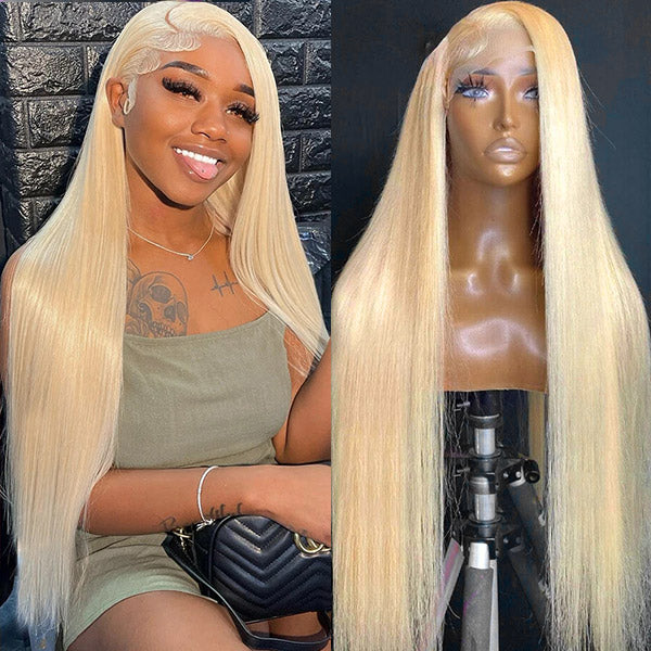 Model showcasing Long Honey Blonde Wig with wavy hair and baby hair, side-by-side view highlighting length and texture. Available at Ishow Beauty.